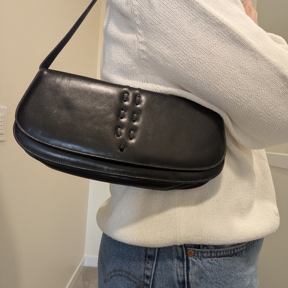 Vintage 90s Browns Couture Black Leather Shoulder Purse Bag Structured Classic - Picture 1 of 10